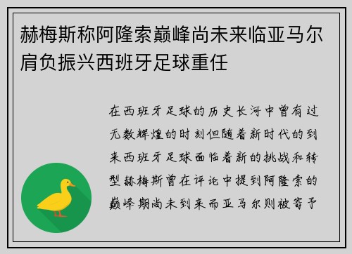 赫梅斯称阿隆索巅峰尚未来临亚马尔肩负振兴西班牙足球重任
