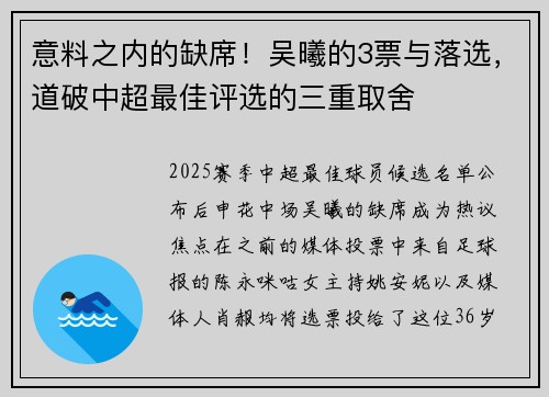 意料之内的缺席！吴曦的3票与落选，道破中超最佳评选的三重取舍